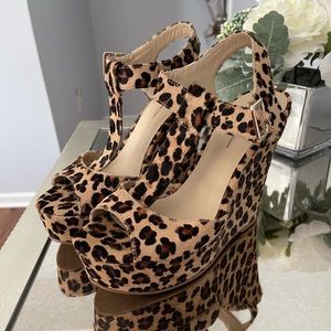 INC cheetah platform wedge heels